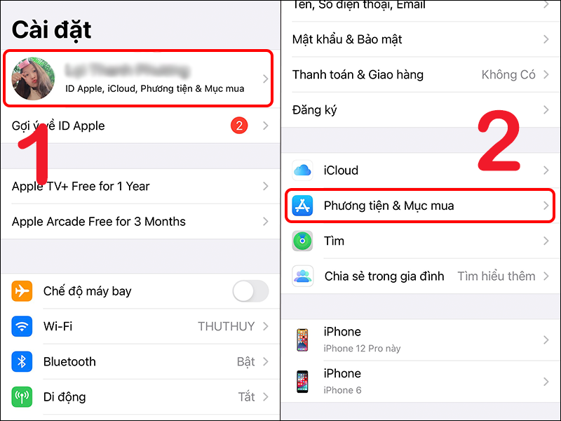 Vào tài khoản ID Apple, chọn Phương tiện & Mục mua